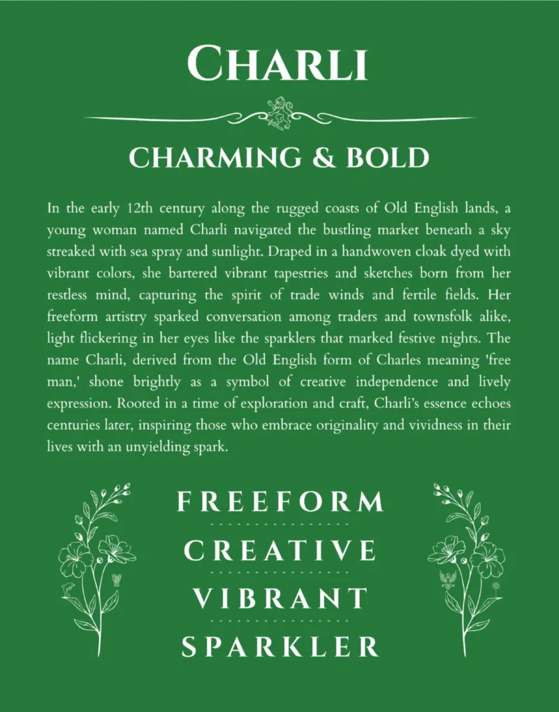 Charli name origin print with meaning and traits in dark green