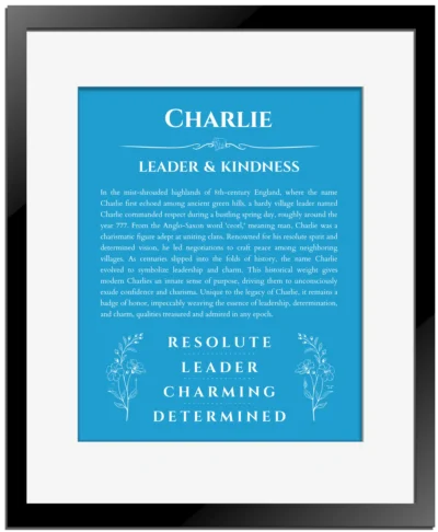 Charlie custom name print for wall display in blue with black matte frame