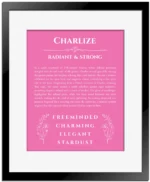 Charlize name meaning gift print in pink with black matte frame
