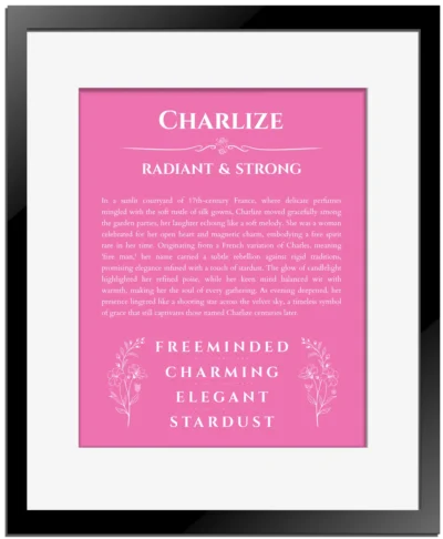 Charlize name meaning gift print in pink with black matte frame