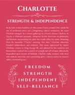 Charlotte name origin print with meaning and traits in red