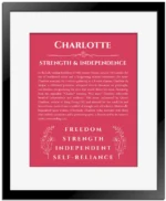 Charlotte name origin print with meaning and traits in red with black matte frame