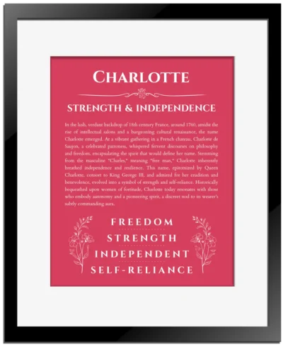 Charlotte name origin print with meaning and traits in red with black matte frame