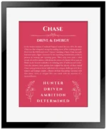 Chase name origin print with meaning and traits in red with black matte frame