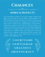Chauncey personalized name print with origin and traits in blue