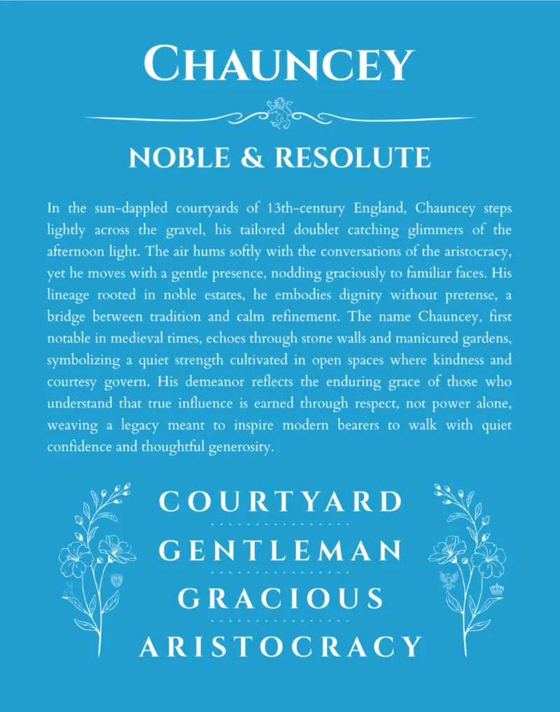 Chauncey personalized name print with origin and traits in blue