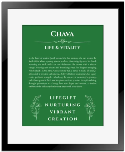 Chava name meaning wall art by Get Your Story in dark green with black matte frame