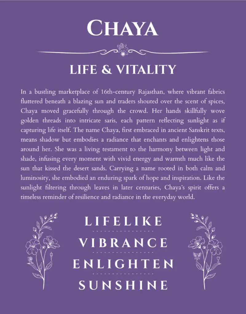Chaya personalized name print with origin and traits in purple