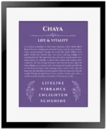 Chaya personalized name print with origin and traits in purple with black matte frame