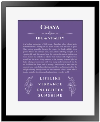 Chaya personalized name print with origin and traits in purple with black matte frame