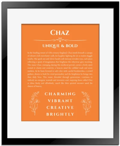 Chaz custom name print for wall display in orange with black matte frame