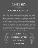 Chelsey name origin print with meaning and traits in gray
