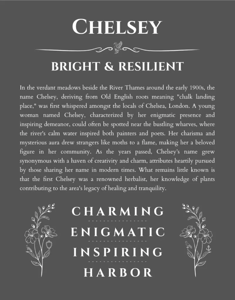 Chelsey name origin print with meaning and traits in gray