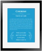 Cherish custom name art showing meaning and origin in blue with black matte frame