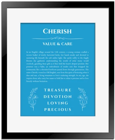 Cherish custom name art showing meaning and origin in blue with black matte frame