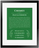 Chesney personalized name meaning print in dark green with black matte frame