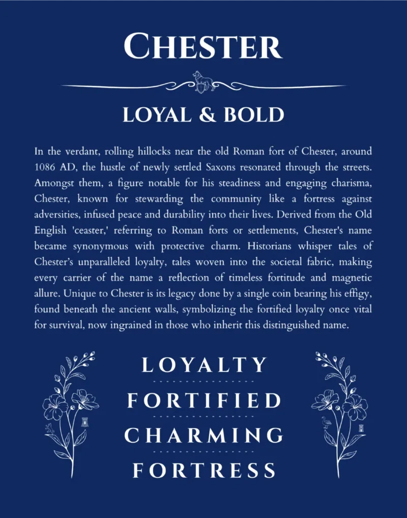 Chester custom name art showing meaning and origin in deep blue