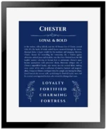 Chester custom name art showing meaning and origin in deep blue with black matte frame
