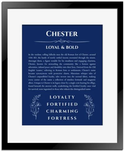 Chester custom name art showing meaning and origin in deep blue with black matte frame