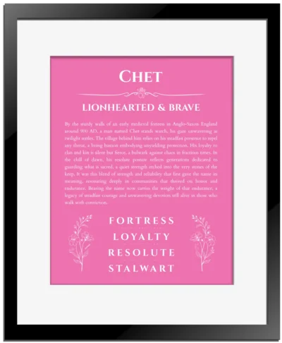 Chet personalized name meaning print in pink with black matte frame