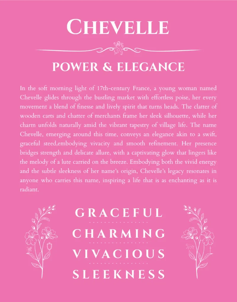 Chevelle personalized name print with origin and traits in pink