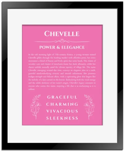 Chevelle personalized name print with origin and traits in pink with black matte frame