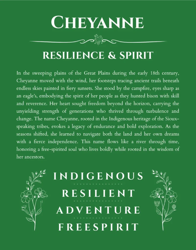 Cheyanne name origin print with meaning and traits in dark green