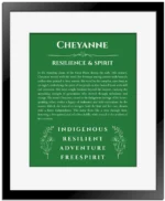 Cheyanne name origin print with meaning and traits in dark green with black matte frame