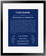 Cheyenne personalized wall art with the story of your name in deep blue with black matte frame