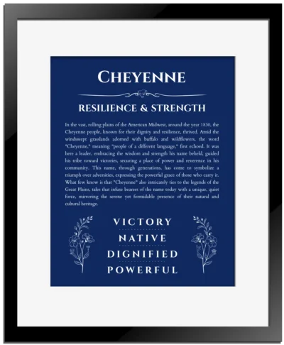 Cheyenne personalized wall art with the story of your name in deep blue with black matte frame