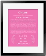 Chloe personalized name art with origin story in pink with black matte frame