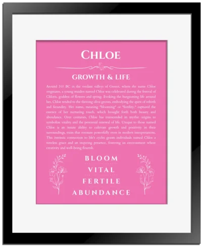 Chloe personalized name art with origin story in pink with black matte frame