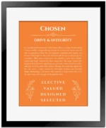 Chosen personalized name meaning print in orange with black matte frame