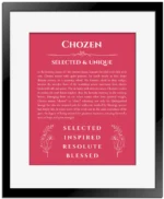 Chozen name origin print with meaning and traits in red with black matte frame