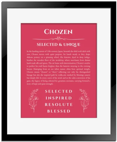 Chozen name origin print with meaning and traits in red with black matte frame
