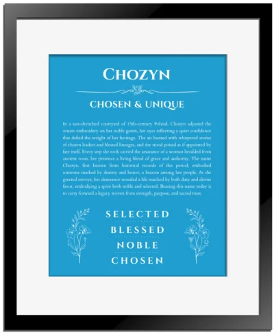 Chozyn custom name print for wall display in blue with black matte frame