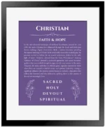 Christian custom name art showing meaning and origin in purple with black matte frame