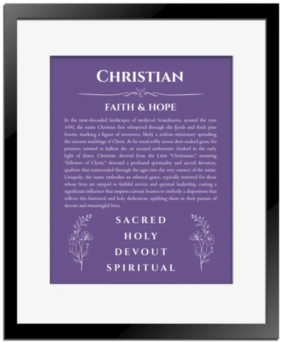Christian custom name art showing meaning and origin in purple with black matte frame