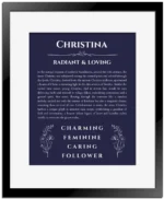 Christina name meaning gift print in navy blue with black matte frame