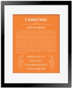 Christine custom name meaning print in orange with black matte frame