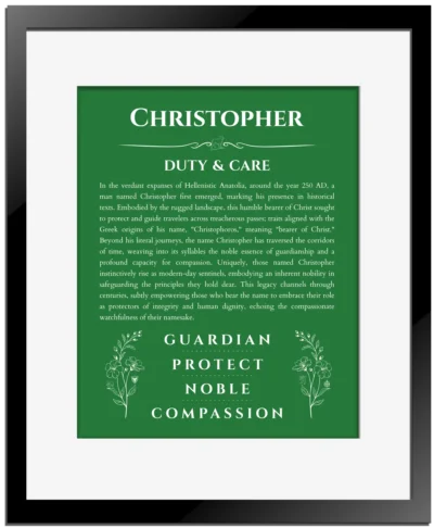 Christopher name meaning gift print in dark green with black matte frame
