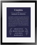 Cianna custom name art showing meaning and origin in navy blue with black matte frame