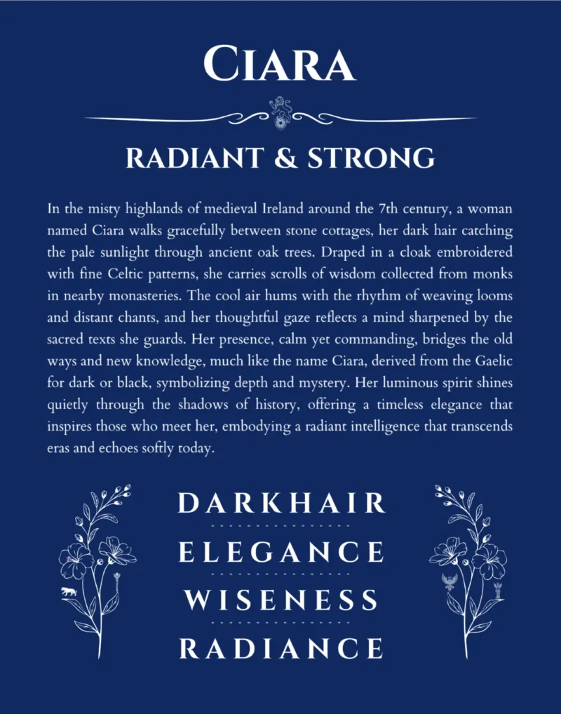 Ciara personalized name print with origin and traits in deep blue