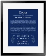 Ciara personalized name print with origin and traits in deep blue with black matte frame
