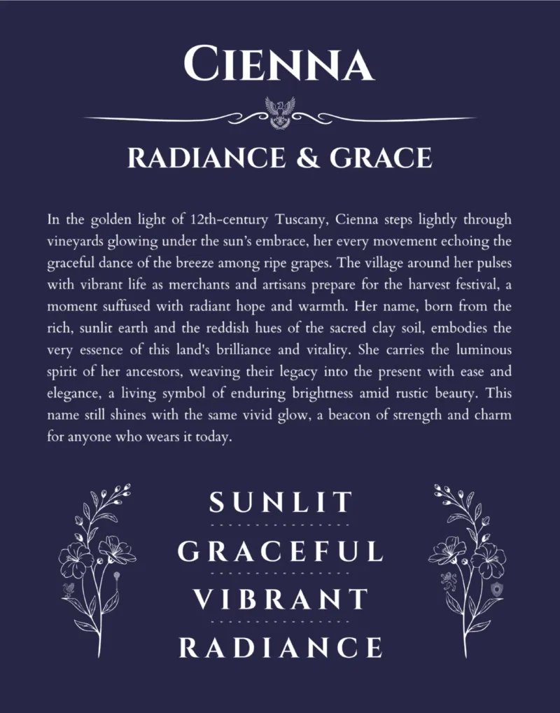 Cienna personalized name art with origin story in navy blue