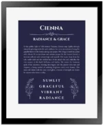 Cienna personalized name art with origin story in navy blue with black matte frame