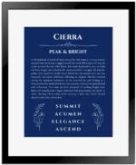 Cierra name meaning gift print in deep blue with black matte frame
