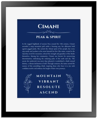 Cimani personalized name meaning print in deep blue with black matte frame