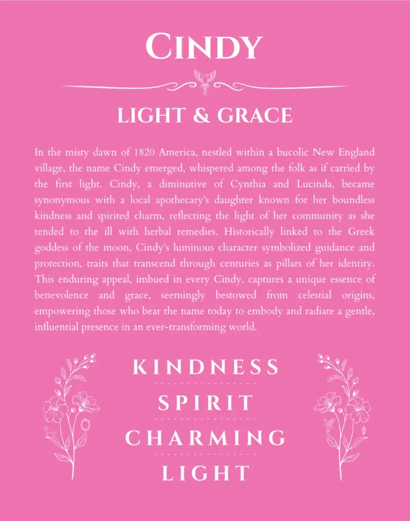 Cindy personalized name print with origin and traits in pink