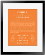Cirilla custom name meaning print in orange with black matte frame